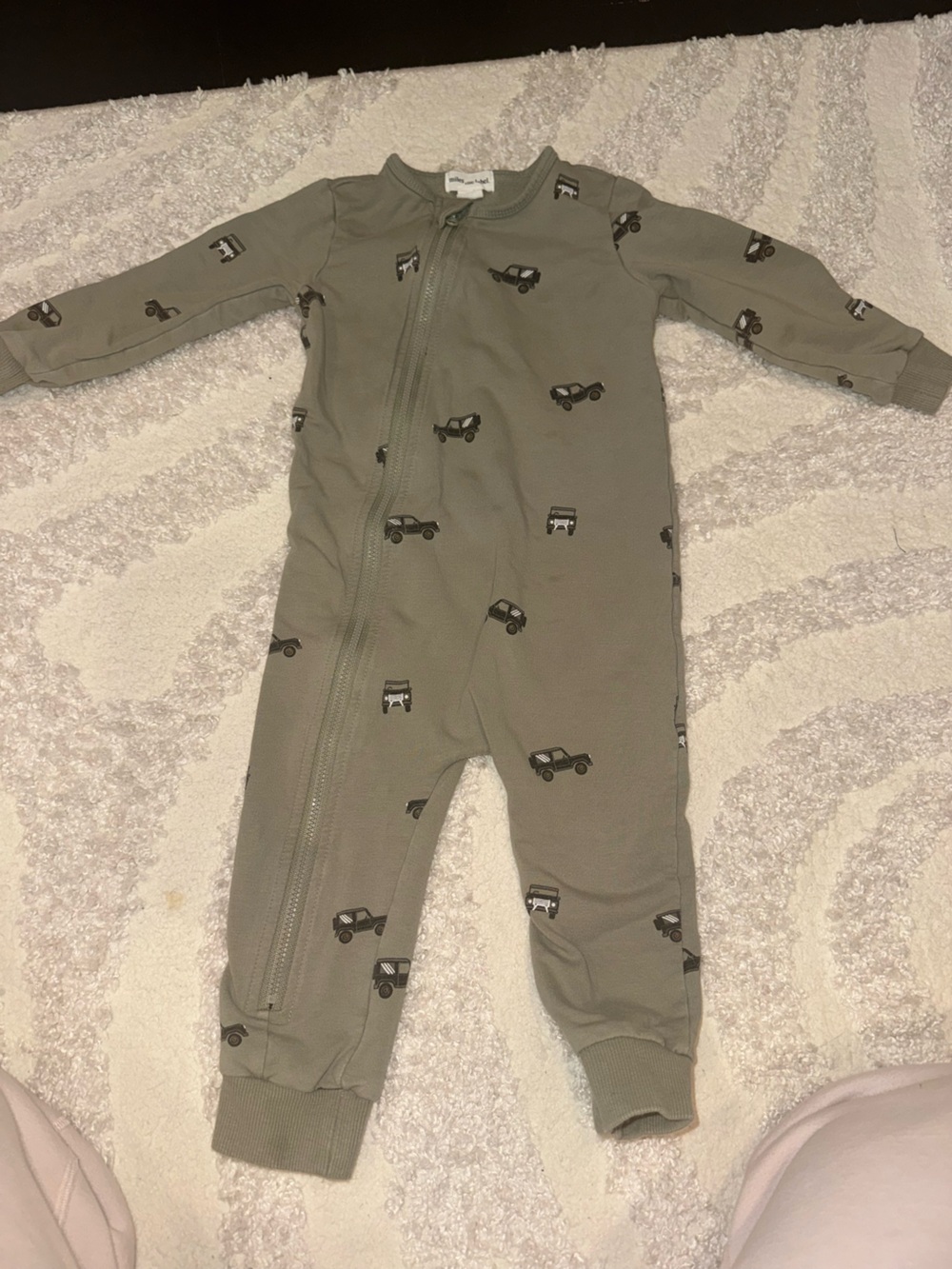 Olive Green Zip-Front Kids One-Piece with Car Print